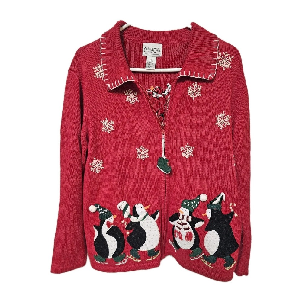 Vintage Carly St. Claire Christmas‎ Sweater Holiday Red Penguins Sz Medium